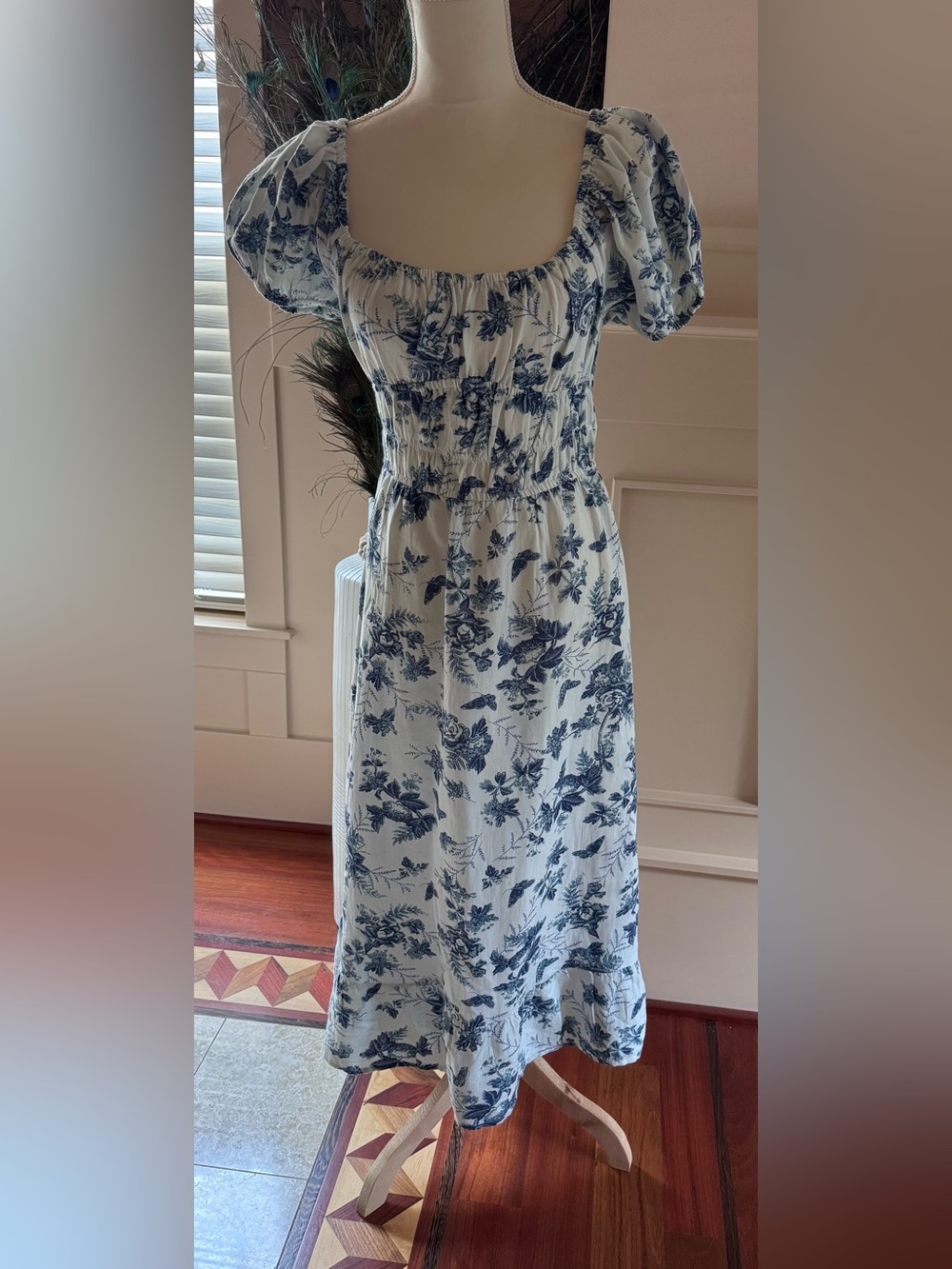Blue Floral Midi Dress with Puff Sleeves , Off-Shoulder.